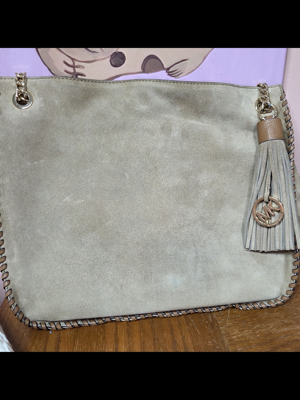 Michael Kors Suede Shoulder Tote in Taupe with Tassel Boho